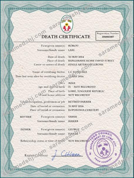 Togo death certificate PSD template